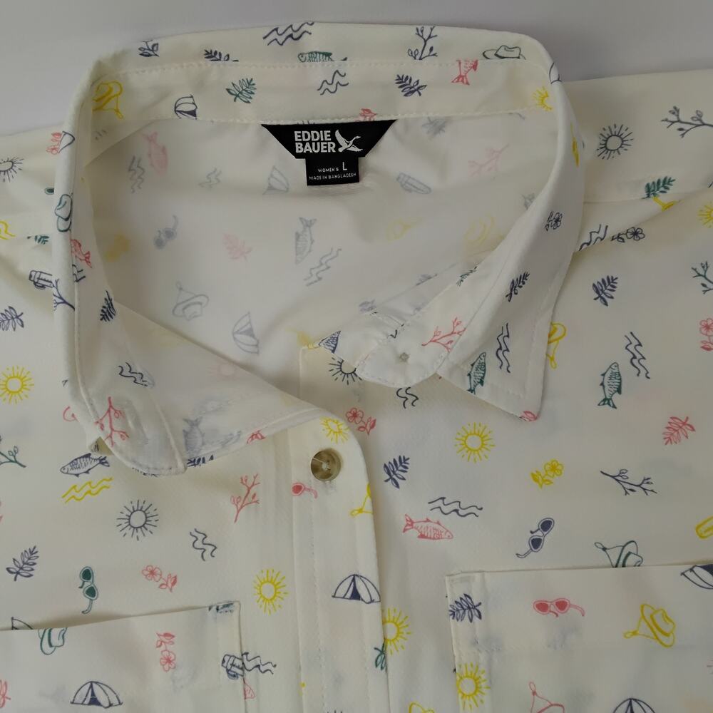 Eddie Bauer Button Up Sleeveless Top - Camping Fishing Outdoorsy Print